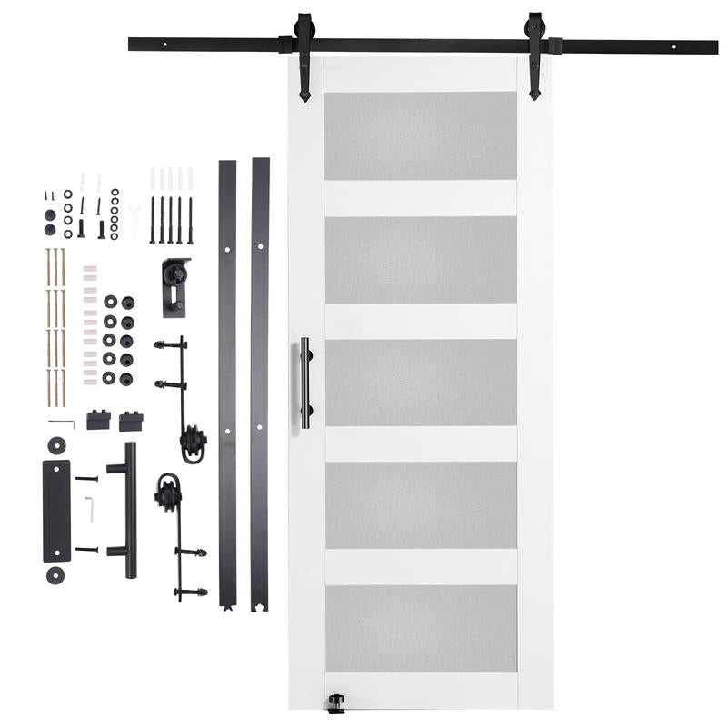 VEVOR 32" x 84" Wood and Frosted Glass Sliding Barn Door Kit with 8-In-1 Floor Guide and Handle, Smooth and Quiet Operation