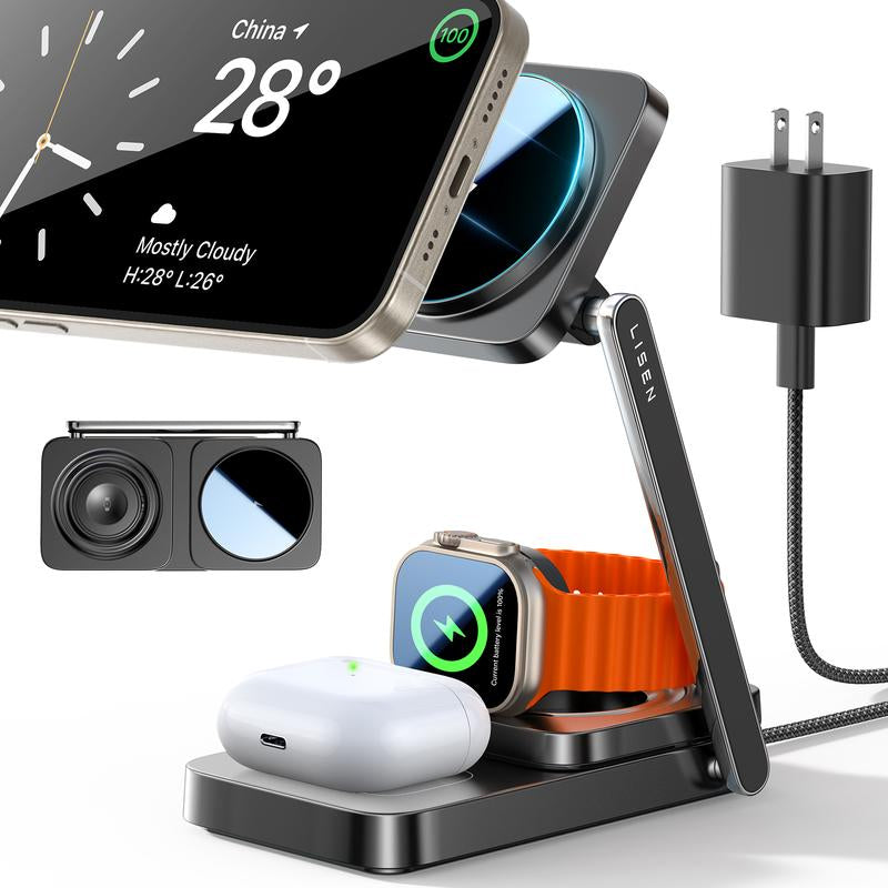 LISEN 3-in-1 Foldable Wireless Charging Station for Apple Devices - Sleek Design Charger Stand for iPhone, Apple Watch, and AirPods - Ideal Gift for iPhone 15 Pro Max Users