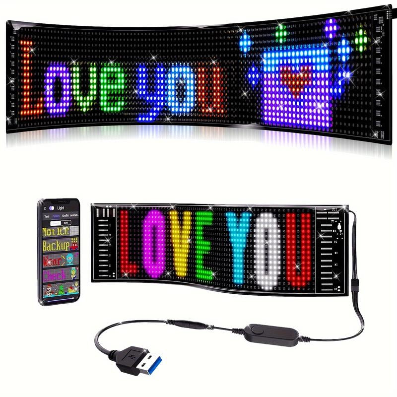 Bluetooth-Enabled LED Devil Eyes Sign with USB Power, Programmable RGB Logo Display, and Foldable LED Matrix Panel for Automotive Enhancement