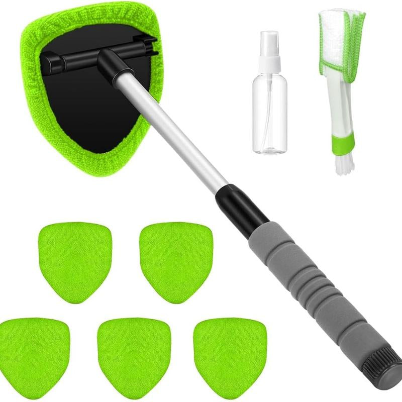 9-Piece Car Window Cleaning Set with Extendable Handle, Six Reusable Microfiber Pads, Air Vent Brush, and Empty Spray Bottle