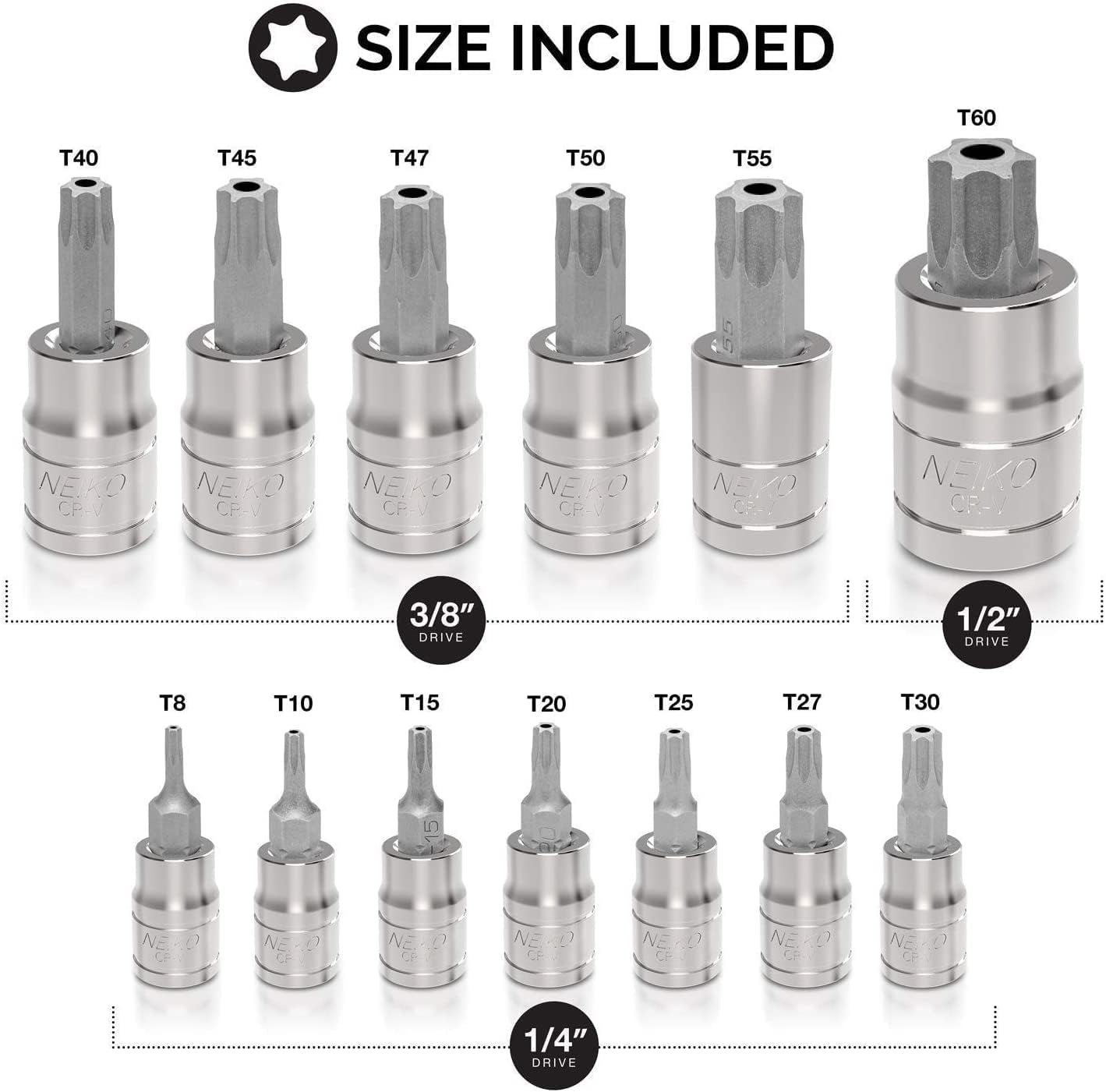 13-Piece Tamper-Proof Torx Bit Socket Set | S2 Steel Bits and Cr-V Steel Sockets | Sizes TT8 to TT60