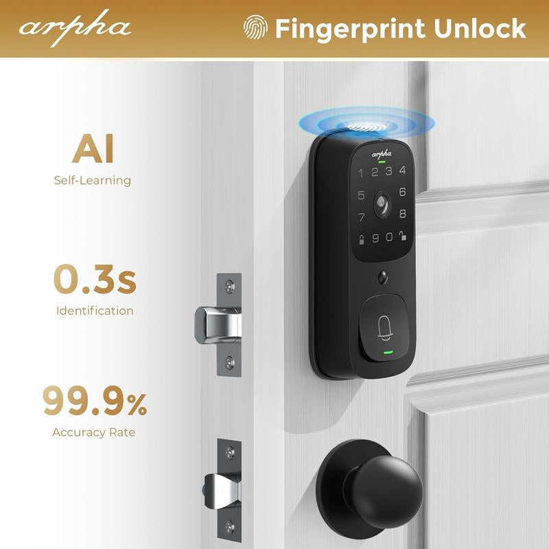 Arpha AL501 Wi-Fi Smart Door Lock with 5-in-1 Fingerprint Entry, Two-Way Audio, Dual Motion Sensors, App Remote Control, Keypad Access, and IP65 Waterproof Rating
