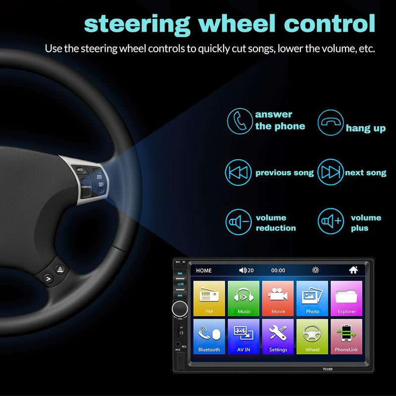 7-Inch Double Din Car Stereo with HD Touchscreen, Bluetooth Connectivity, Hands-Free Calling, Mirror Link, and Auxiliary Input