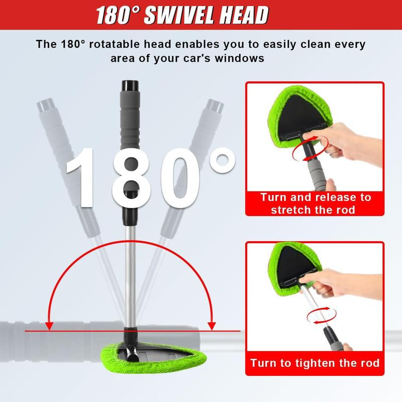 9-Piece Car Window Cleaning Set with Extendable Handle, Six Reusable Microfiber Pads, Air Vent Brush, and Empty Spray Bottle