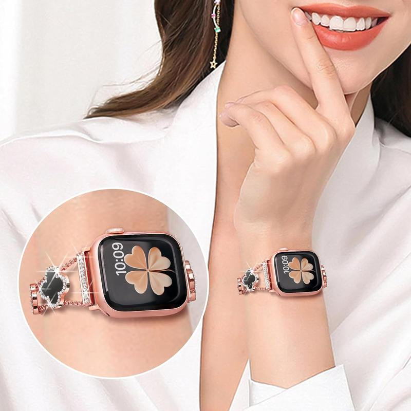 BUREI Elegant Black Shell Clover Slim Metal Bracelet for Apple Watch - Compatible with Ultra 2/Ultra/Series 9-1/SE/SE2 (38-49mm) for Men and Women (Watch Not Included)