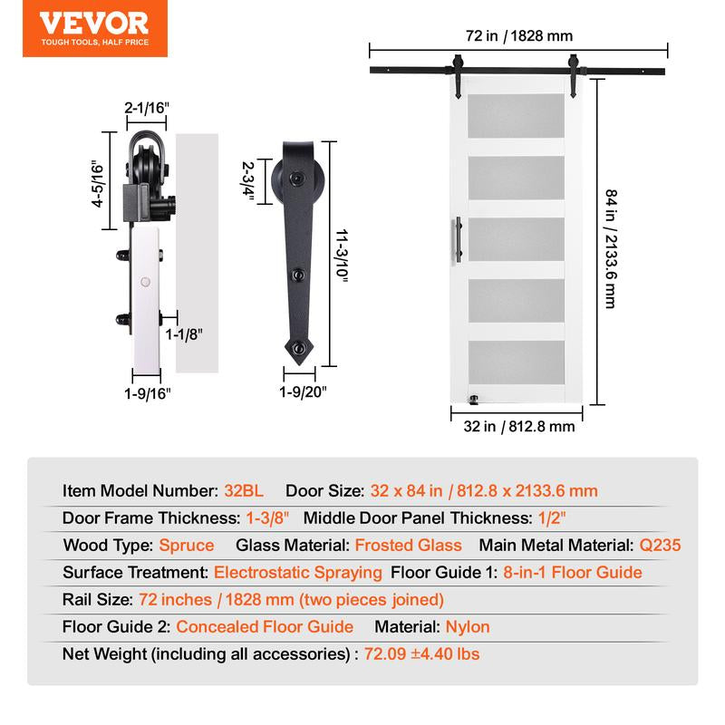 VEVOR 32" x 84" Wood and Frosted Glass Sliding Barn Door Kit with 8-In-1 Floor Guide and Handle, Smooth and Quiet Operation