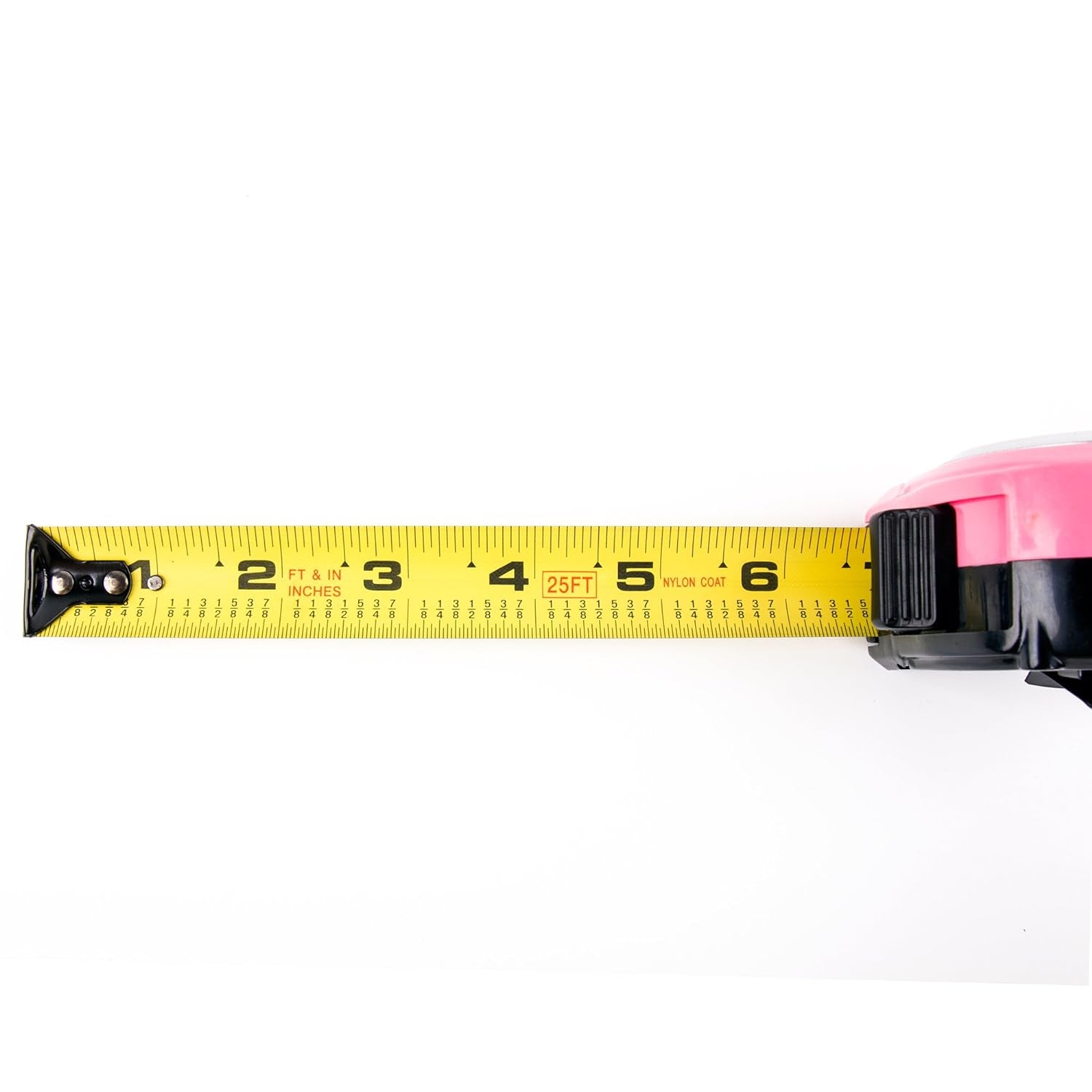 25-Foot Measuring Tape with Retractable Blade, Fraction Markings, 1-Inch Nylon Blade, 8-Foot Standout, Lock Button, and Belt Clip - Pink Ribbon Edition