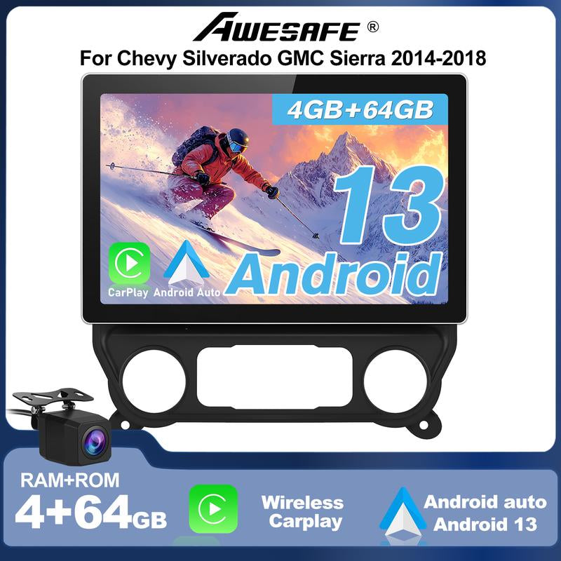 13.1" 8-Core Android 13 Car Radio for 2014-2018 Chevy Silverado and GMC Sierra with 4GB RAM, 64GB Storage, Wi-Fi, Wireless CarPlay, Android Auto, Bluetooth, DSP, Backup Camera, and Microphone - Black