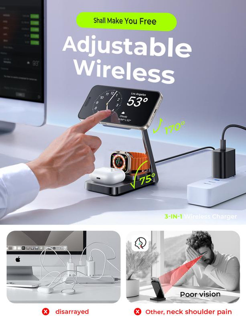 LISEN 3-in-1 Foldable Wireless Charging Station for Apple Devices - Sleek Design Charger Stand for iPhone, Apple Watch, and AirPods - Ideal Gift for iPhone 15 Pro Max Users