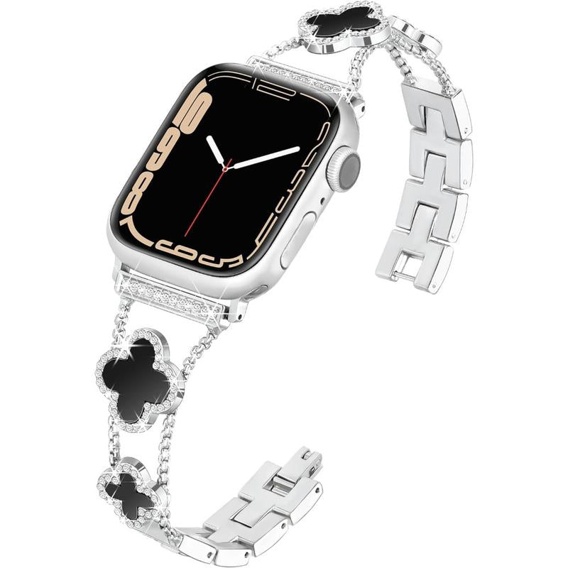 BUREI Elegant Black Shell Clover Slim Metal Bracelet for Apple Watch - Compatible with Ultra 2/Ultra/Series 9-1/SE/SE2 (38-49mm) for Men and Women (Watch Not Included)
