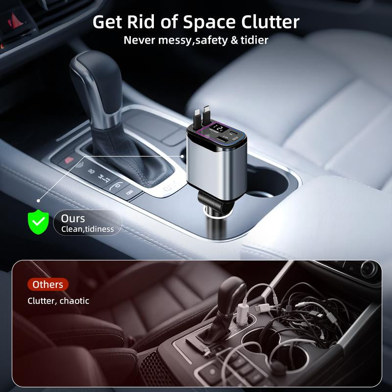 4-in-1 Retractable Car Charger - 66W USB-C Fast Charging Adapter with Voltage Display, Compatible with iPhone, iPad, and Samsung - Essential Travel Accessory