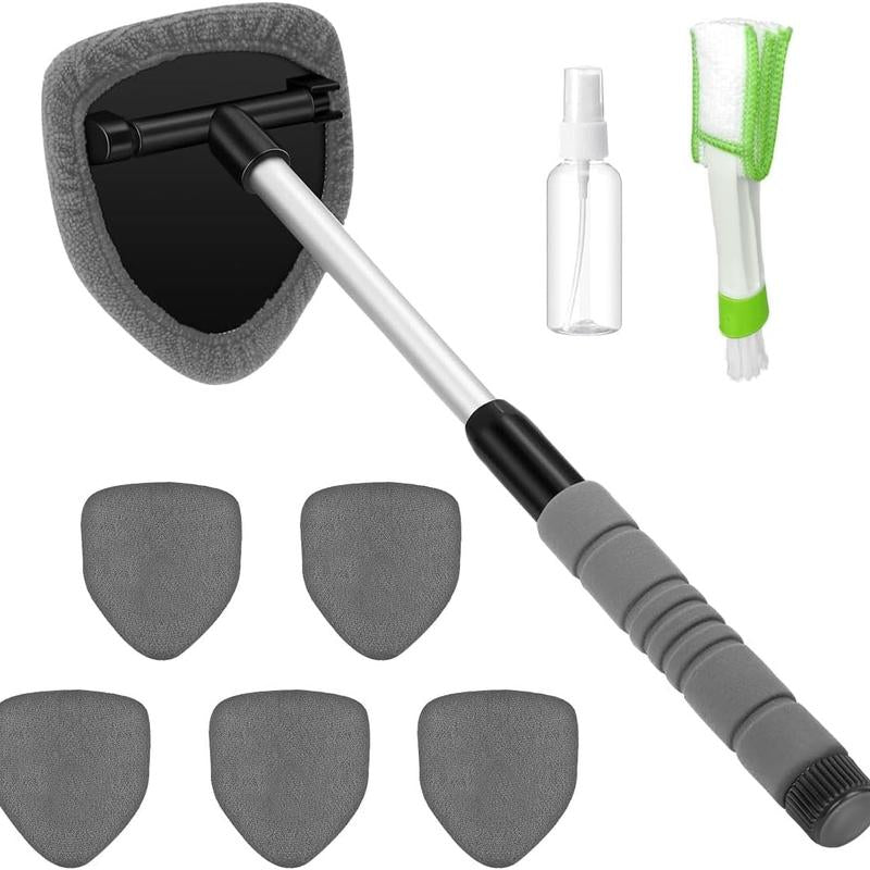 9-Piece Car Window Cleaning Set with Extendable Handle, Six Reusable Microfiber Pads, Air Vent Brush, and Empty Spray Bottle