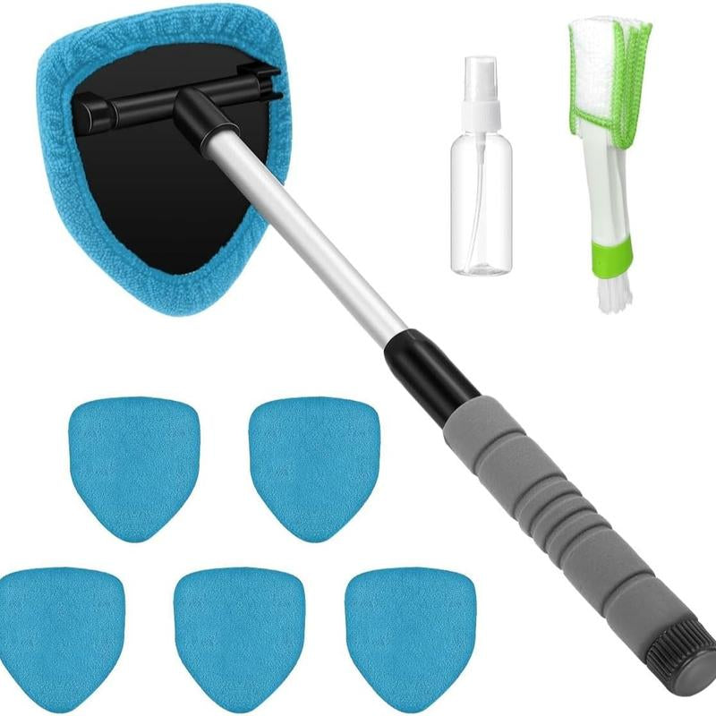 9-Piece Car Window Cleaning Set with Extendable Handle, Six Reusable Microfiber Pads, Air Vent Brush, and Empty Spray Bottle