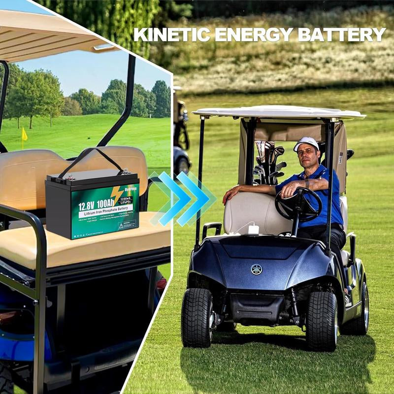 Bydrena 12.8V 100Ah LiFePO4 Deep Cycle Battery with 150A Battery Management System and Temperature Control for Golf Carts, RVs, Marine Applications, and Home Energy Solutions