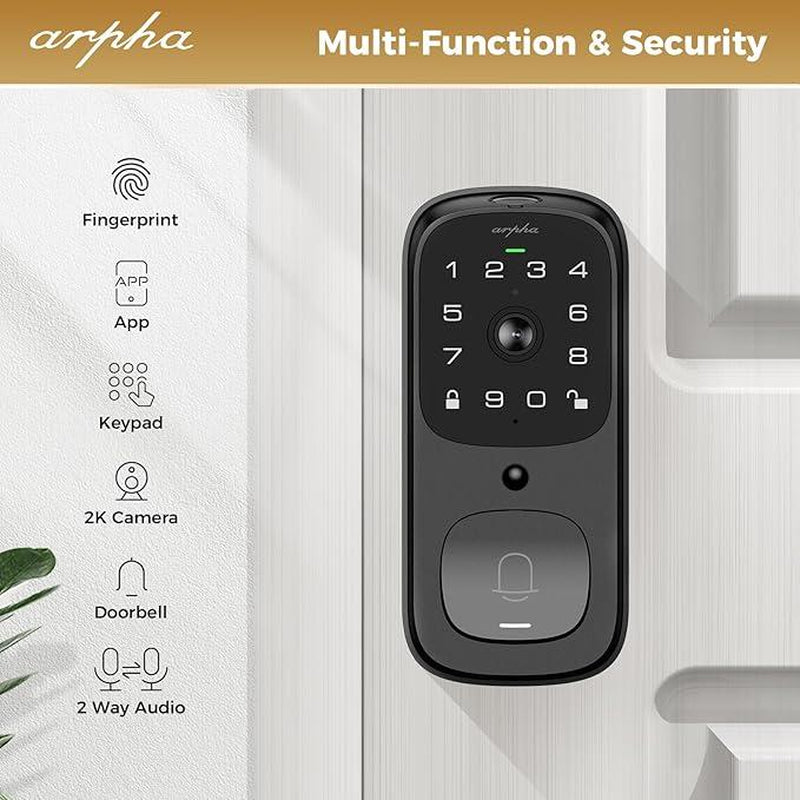 Arpha AL501 Wi-Fi Smart Door Lock with 5-in-1 Fingerprint Entry, Two-Way Audio, Dual Motion Sensors, App Remote Control, Keypad Access, and IP65 Waterproof Rating