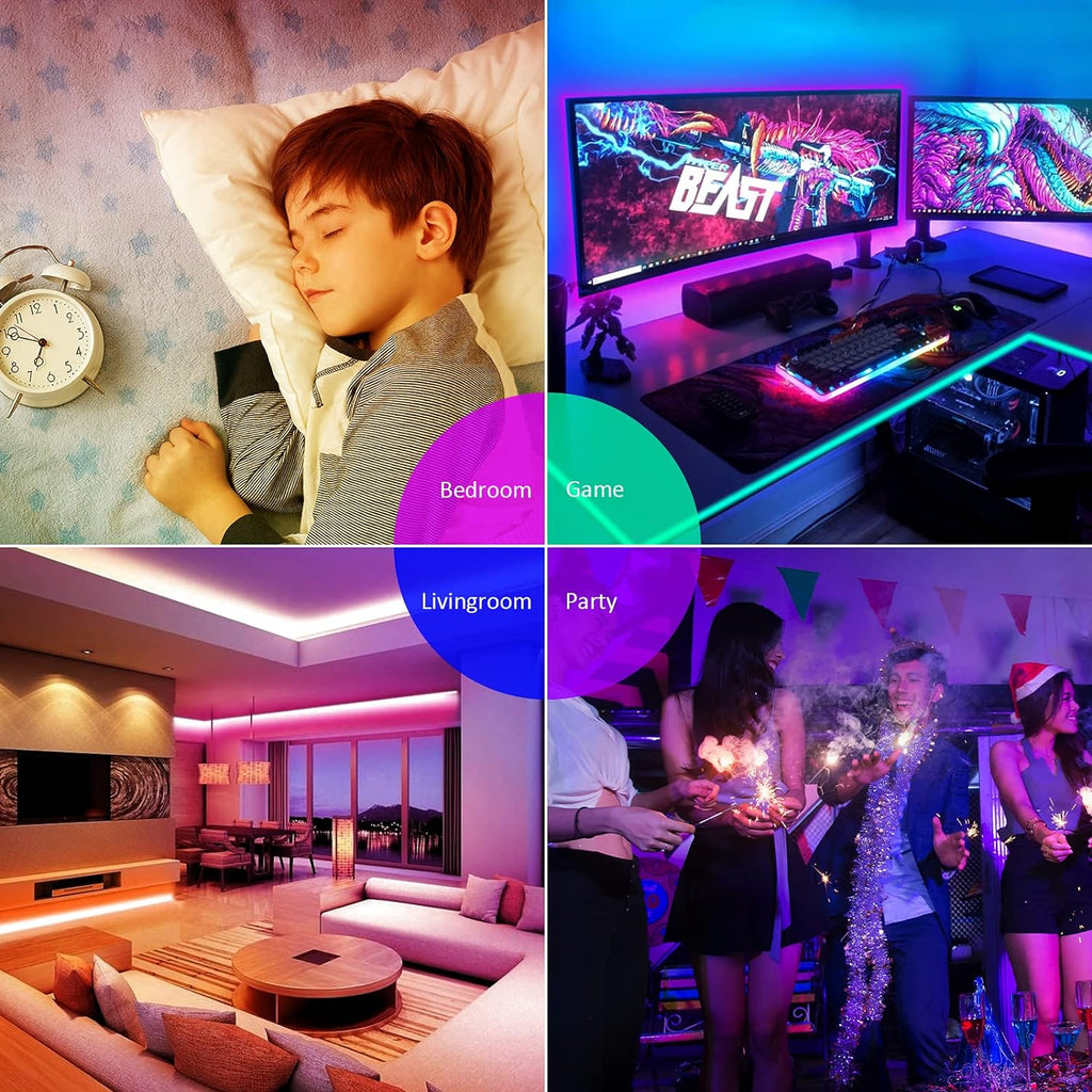 100 Ft Ultra Long 5050 RGB LED Strip Lights with Smart Music Sync, Bluetooth App & Remote Control for Bedroom, Party, Christmas, and Kitchen Use