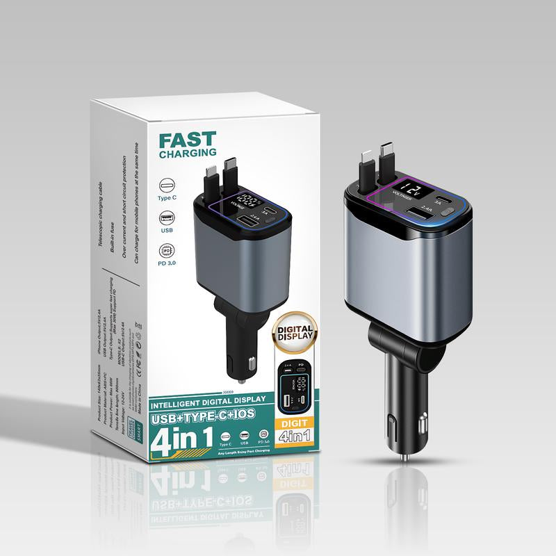4-in-1 Retractable Car Charger - 66W USB-C Fast Charging Adapter with Voltage Display, Compatible with iPhone, iPad, and Samsung - Essential Travel Accessory