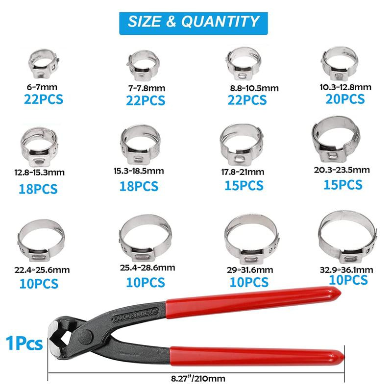 192 Professional Grade Single Ear Hose Clamps - 12 Sizes (5.3-33.1 mm) - Crimped 304 Stainless Steel - Ideal Gift for Dads