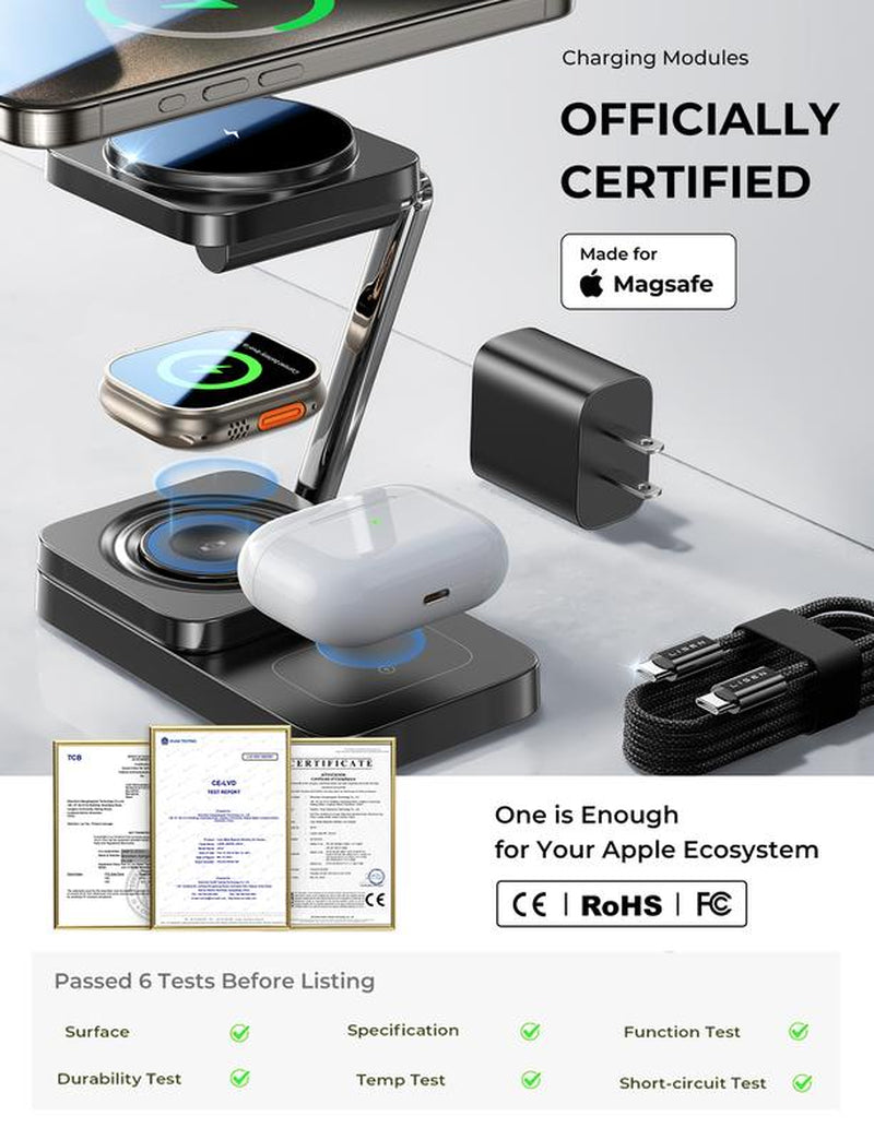 LISEN 3-in-1 Foldable Wireless Charging Station for Apple Devices - Sleek Design Charger Stand for iPhone, Apple Watch, and AirPods - Ideal Gift for iPhone 15 Pro Max Users
