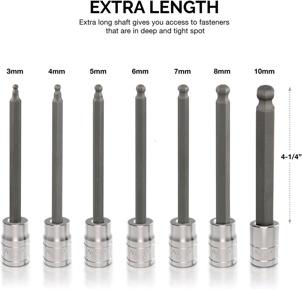 3/8-Inch Drive Extra-Long Ball-End Hex Bit Socket Set, Metric Sizes 3 to 10 mm, S2 Steel, 7-Piece Set