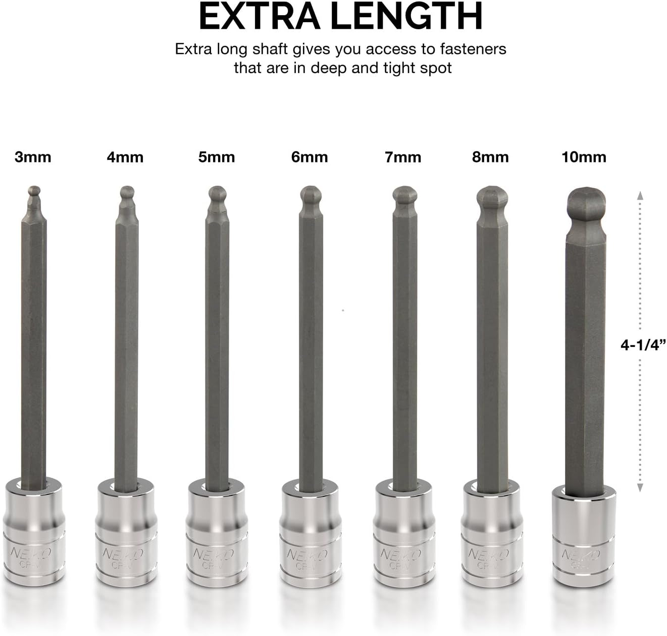 3/8-Inch Drive Extra-Long Ball-End Hex Bit Socket Set, Metric Sizes 3 to 10 mm, S2 Steel, 7-Piece Set