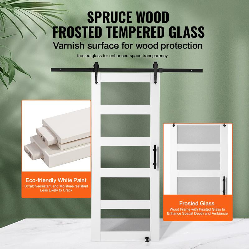 VEVOR 32" x 84" Wood and Frosted Glass Sliding Barn Door Kit with 8-In-1 Floor Guide and Handle, Smooth and Quiet Operation