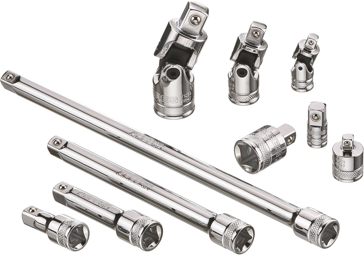 10-Piece Premium Socket Accessory Set - Made from Chrome Vanadium Steel with Mirror Finish - Includes Socket Adapters, Extensions, and Universal Joints