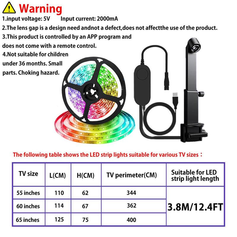 12.4FT USB-Powered LED Light Strip - Intelligent Ambient Backlighting for Home Entertainment and Living Areas