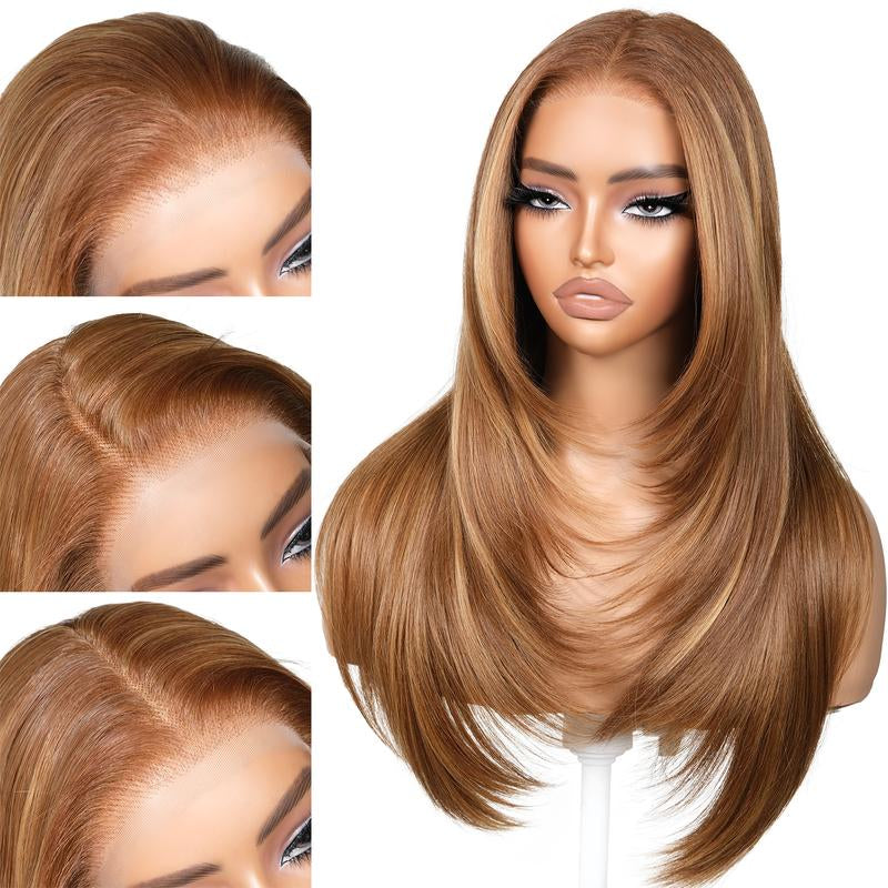 Brownbomb 13X6 Glueless Lace Front Layered Wig - 26 Inch Pre-Plucked Synthetic Hair, 220% Density with Bangs for Effortless Daily and Special Occasion Wear