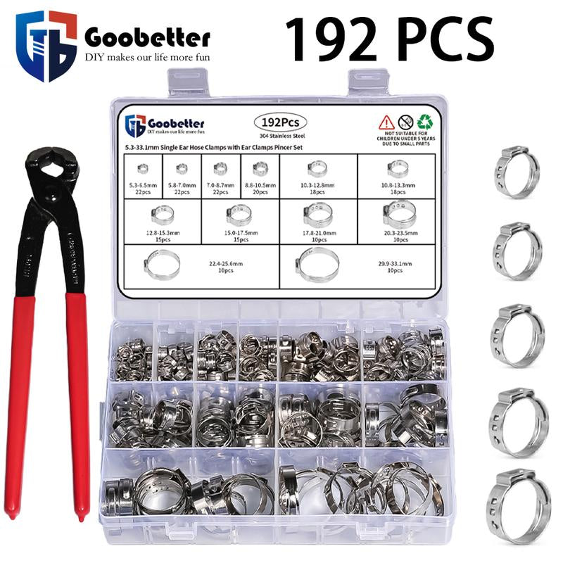 192 Professional Grade Single Ear Hose Clamps - 12 Sizes (5.3-33.1 mm) - Crimped 304 Stainless Steel - Ideal Gift for Dads