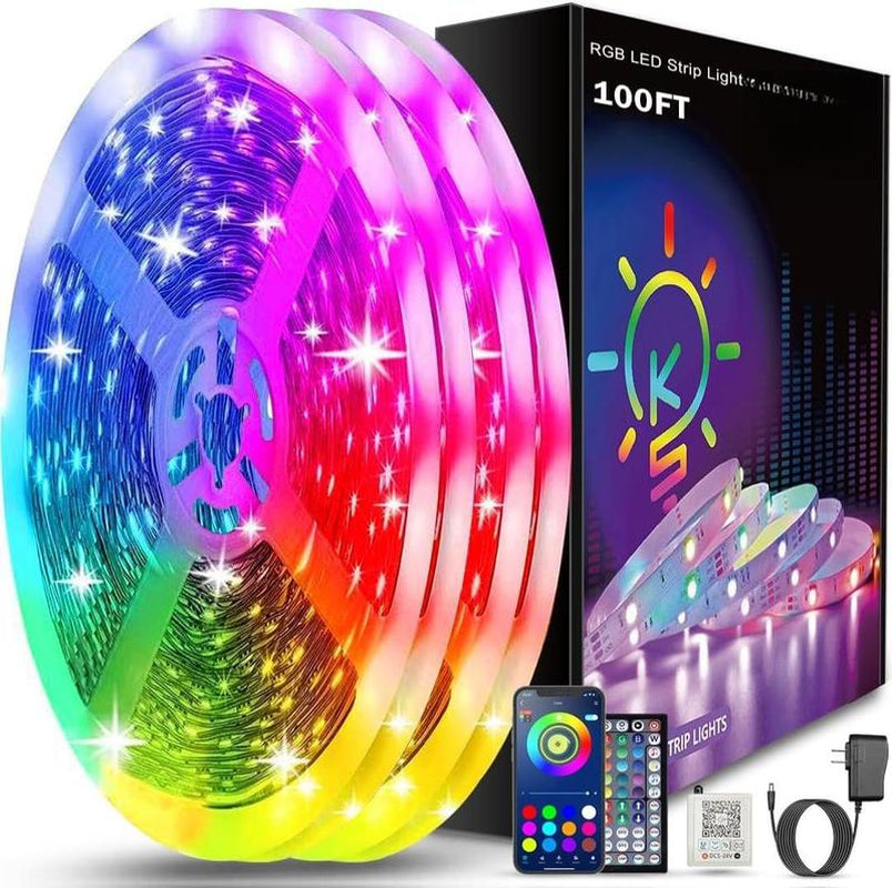 100Ft Bluetooth LED Strip Lights with Smart App Control, Music Sync, RGB Color Changing, Remote Included for Bedroom Decoration - USA