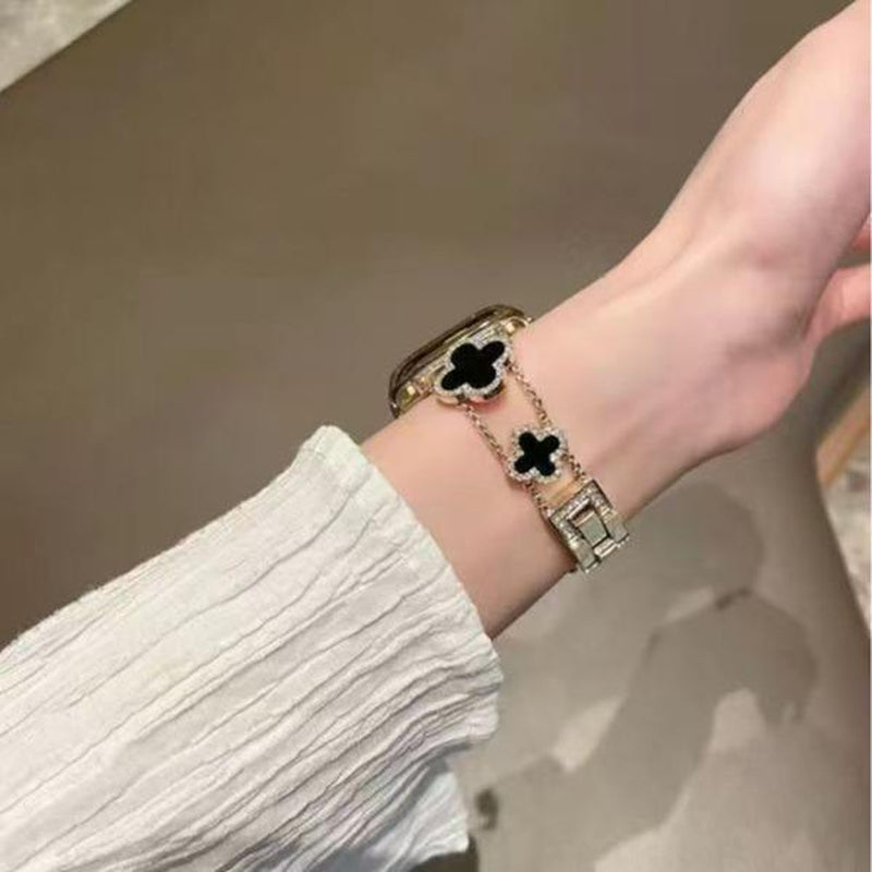 BUREI Elegant Black Shell Clover Slim Metal Bracelet for Apple Watch - Compatible with Ultra 2/Ultra/Series 9-1/SE/SE2 (38-49mm) for Men and Women (Watch Not Included)