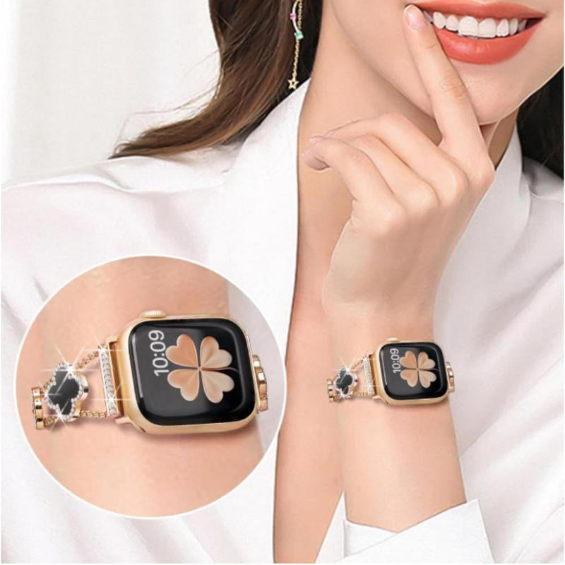 BUREI Elegant Black Shell Clover Slim Metal Bracelet for Apple Watch - Compatible with Ultra 2/Ultra/Series 9-1/SE/SE2 (38-49mm) for Men and Women (Watch Not Included)
