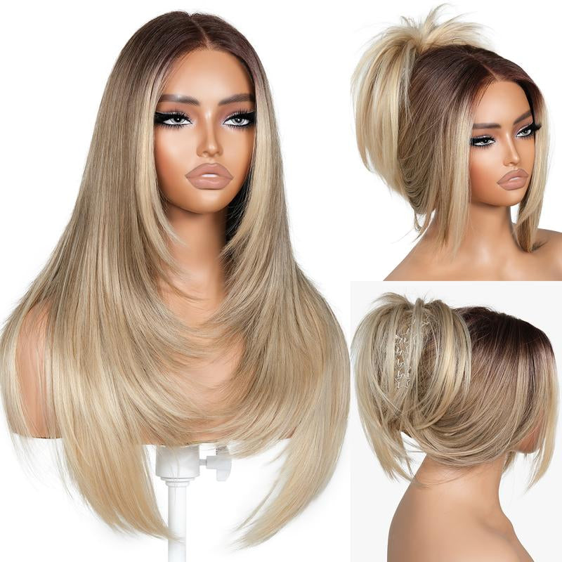 Brownbomb 13X6 Glueless Lace Front Layered Wig - 26 Inch Pre-Plucked Synthetic Hair, 220% Density with Bangs for Effortless Daily and Special Occasion Wear