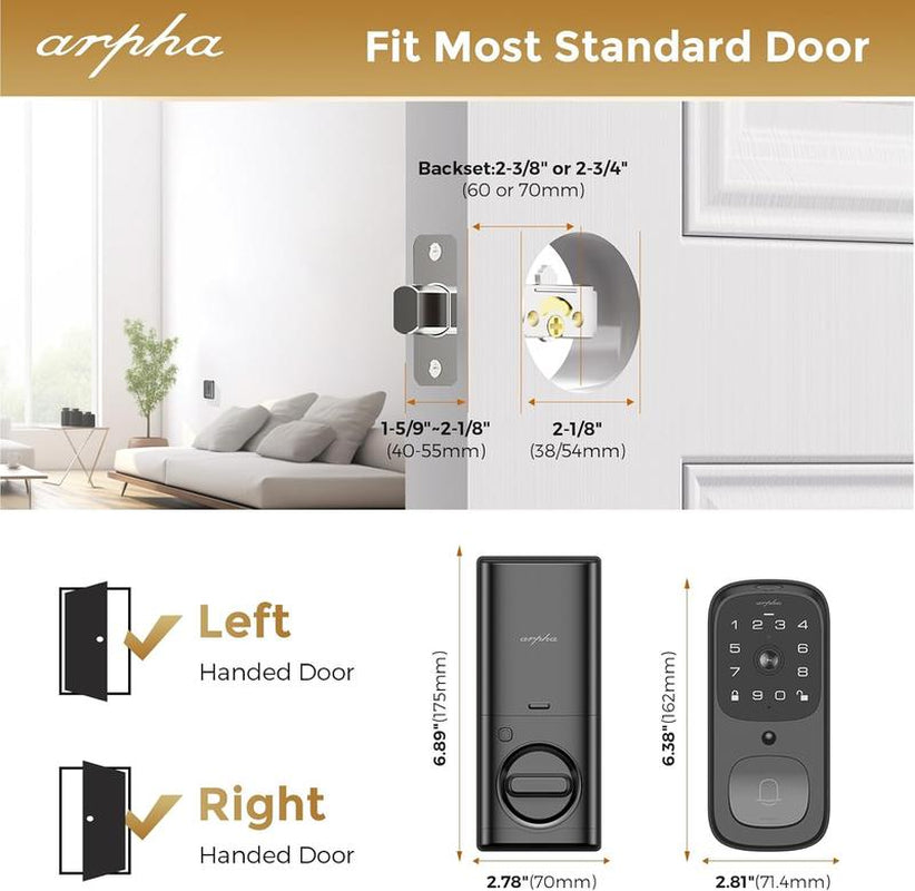 Arpha AL501 Wi-Fi Smart Door Lock with 5-in-1 Fingerprint Entry, Two-Way Audio, Dual Motion Sensors, App Remote Control, Keypad Access, and IP65 Waterproof Rating