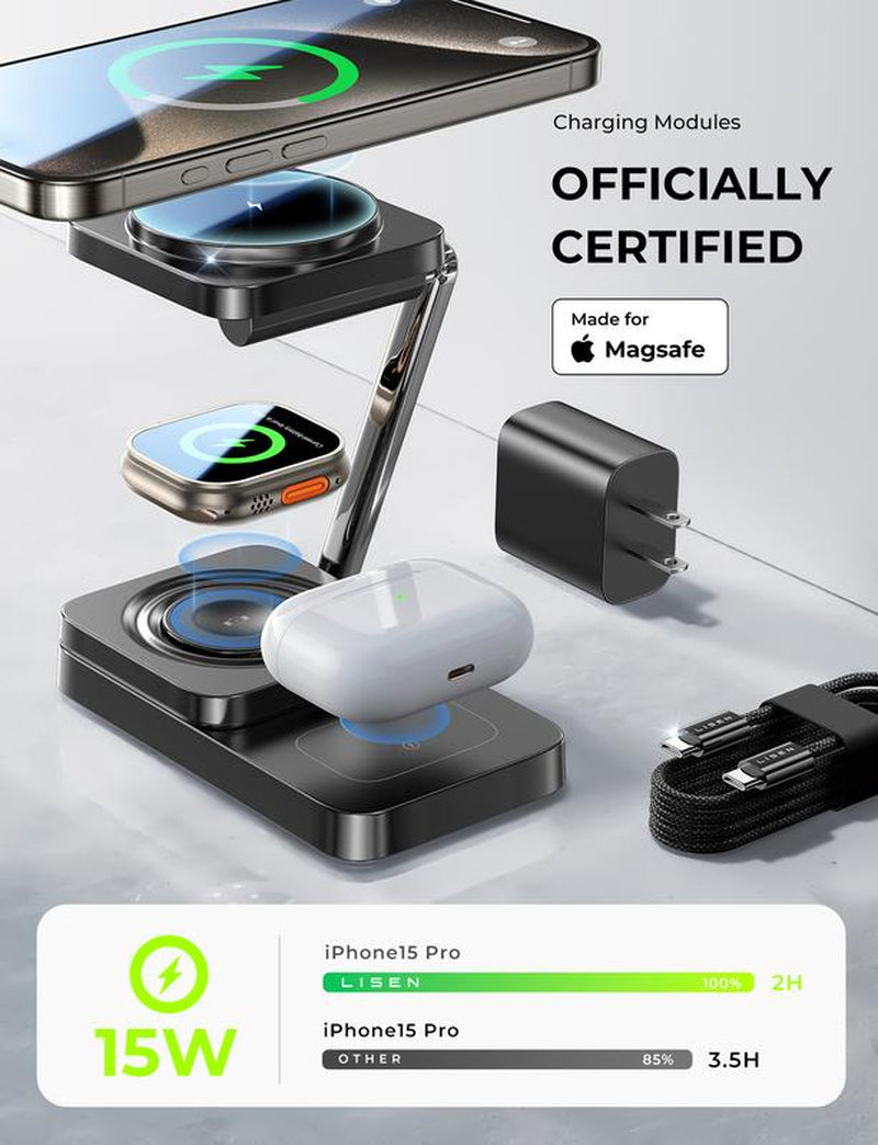 LISEN 3-in-1 Foldable Wireless Charging Station for Apple Devices - Sleek Design Charger Stand for iPhone, Apple Watch, and AirPods - Ideal Gift for iPhone 15 Pro Max Users