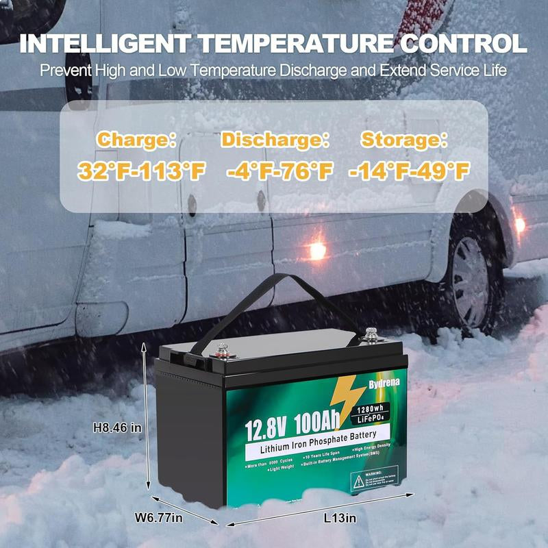 Bydrena 12.8V 100Ah LiFePO4 Deep Cycle Battery with 150A Battery Management System and Temperature Control for Golf Carts, RVs, Marine Applications, and Home Energy Solutions