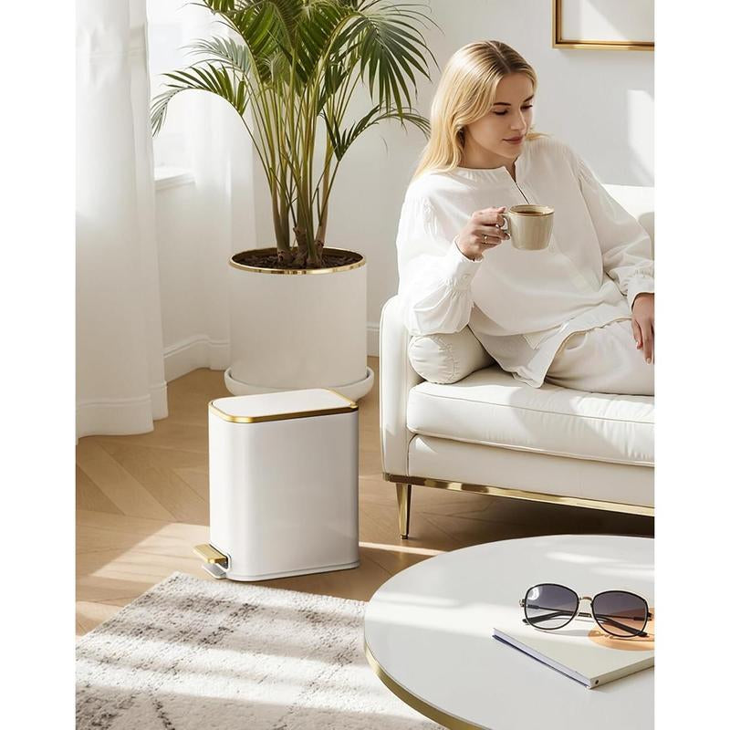 5-Liter Stainless Steel Soft-Close Bathroom Trash Can with Removable Inner Bucket and Step Pedal - Slim Design for Bathroom, Office, and Bedroom - White