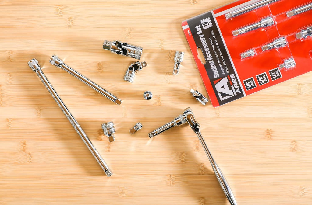 10-Piece Premium Socket Accessory Set - Made from Chrome Vanadium Steel with Mirror Finish - Includes Socket Adapters, Extensions, and Universal Joints