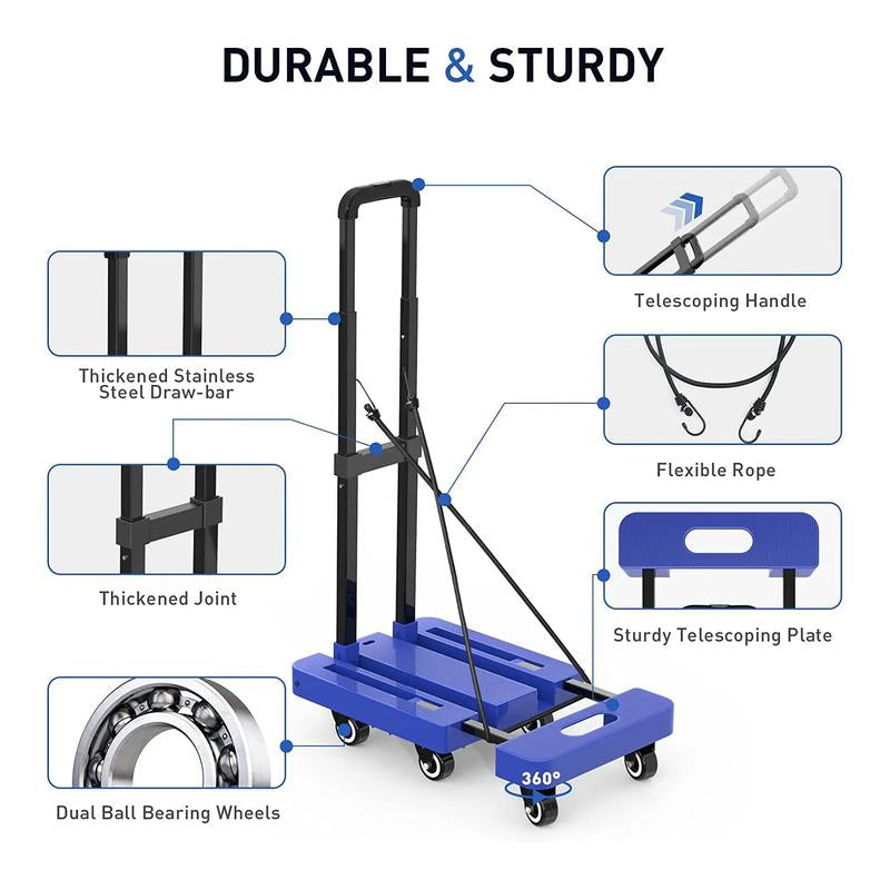 Heavy-Duty Folding Hand Truck Dolly - 500 lb Capacity, 6-Wheel Collapsible Cart with Elastic Straps for Efficient Transport and Moving Solutions