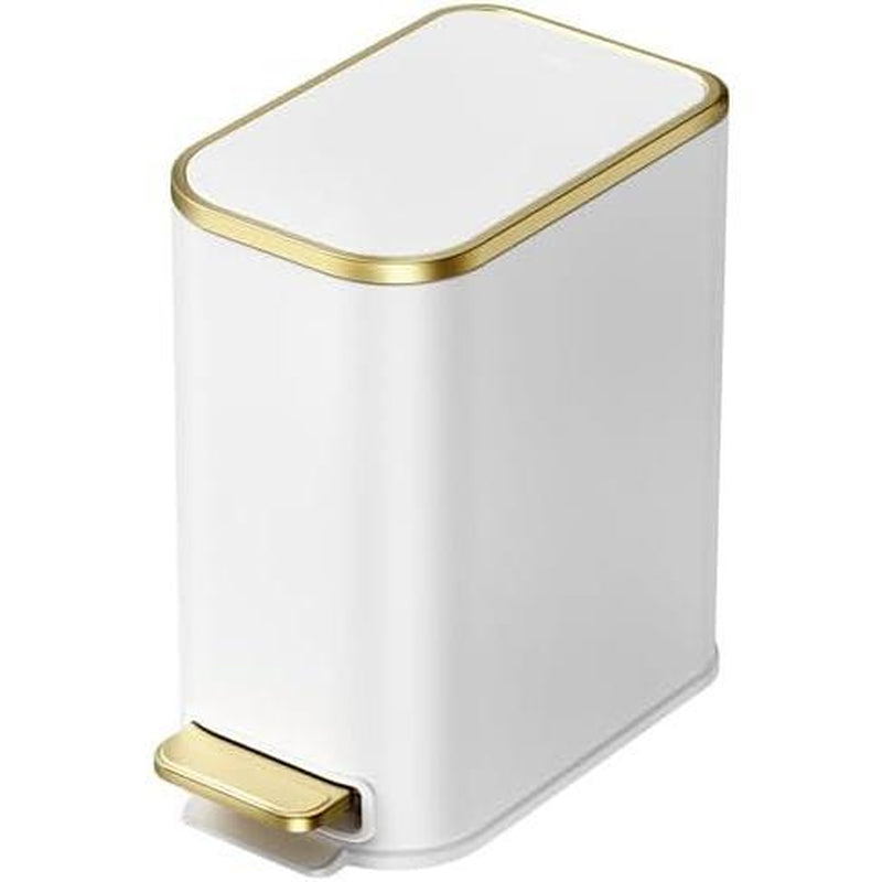 5-Liter Stainless Steel Soft-Close Bathroom Trash Can with Removable Inner Bucket and Step Pedal - Slim Design for Bathroom, Office, and Bedroom - White