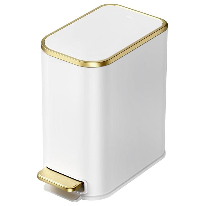 5-Liter Stainless Steel Soft-Close Bathroom Trash Can with Removable Inner Bucket and Step Pedal - Slim Design for Bathroom, Office, and Bedroom - White