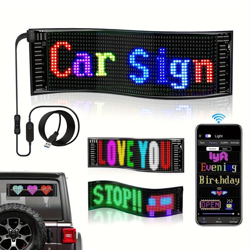 Bluetooth-Enabled LED Devil Eyes Sign with USB Power, Programmable RGB Logo Display, and Foldable LED Matrix Panel for Automotive Enhancement