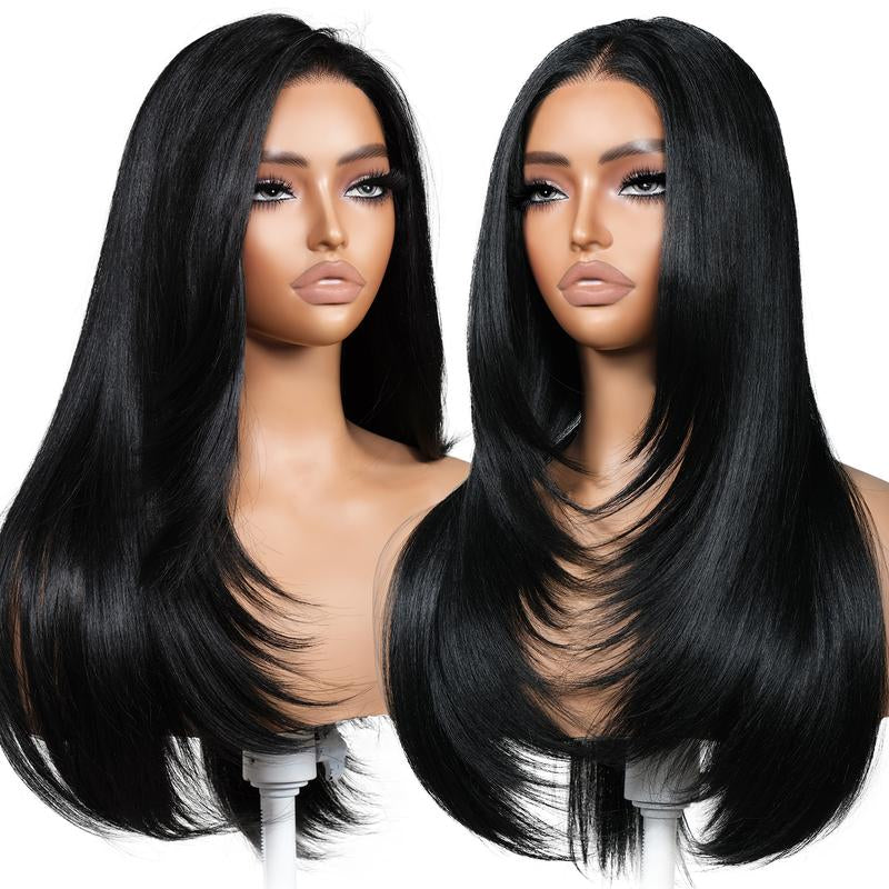 Brownbomb 13X6 Glueless Lace Front Layered Wig - 26 Inch Pre-Plucked Synthetic Hair, 220% Density with Bangs for Effortless Daily and Special Occasion Wear