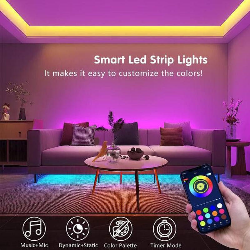 100Ft Bluetooth LED Strip Lights with Smart App Control, Music Sync, RGB Color Changing, Remote Included for Bedroom Decoration - USA