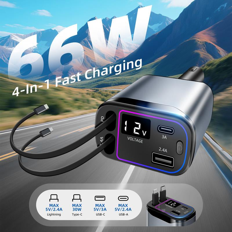 4-in-1 Retractable Car Charger - 66W USB-C Fast Charging Adapter with Voltage Display, Compatible with iPhone, iPad, and Samsung - Essential Travel Accessory