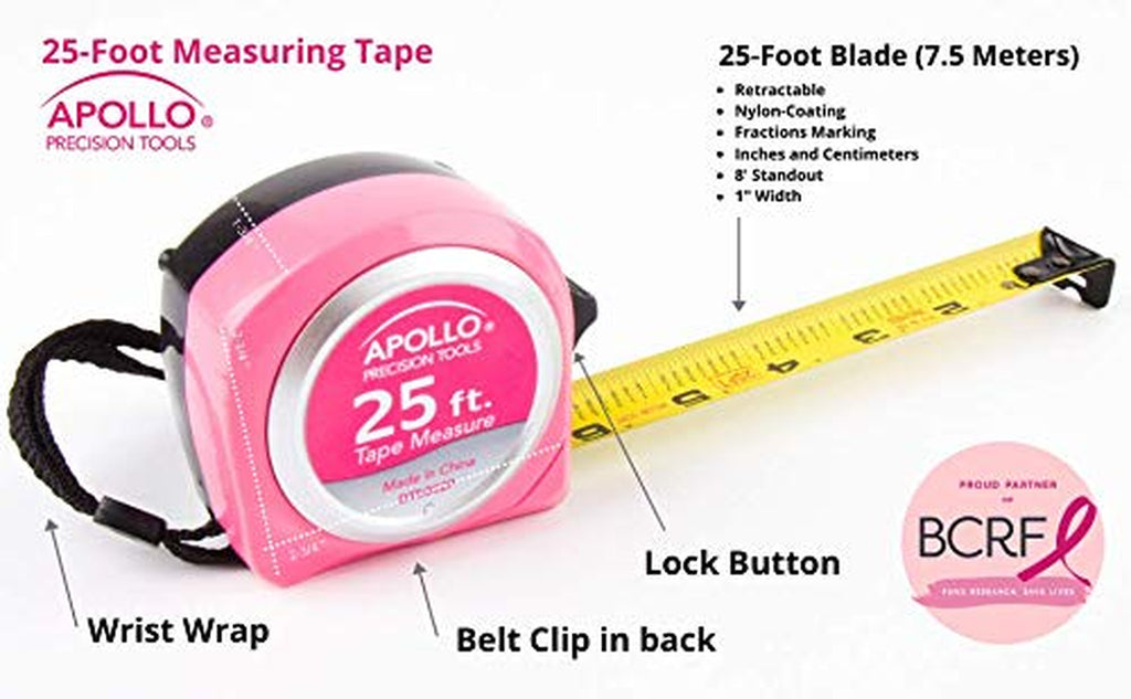 25-Foot Measuring Tape with Retractable Blade, Fraction Markings, 1-Inch Nylon Blade, 8-Foot Standout, Lock Button, and Belt Clip - Pink Ribbon Edition