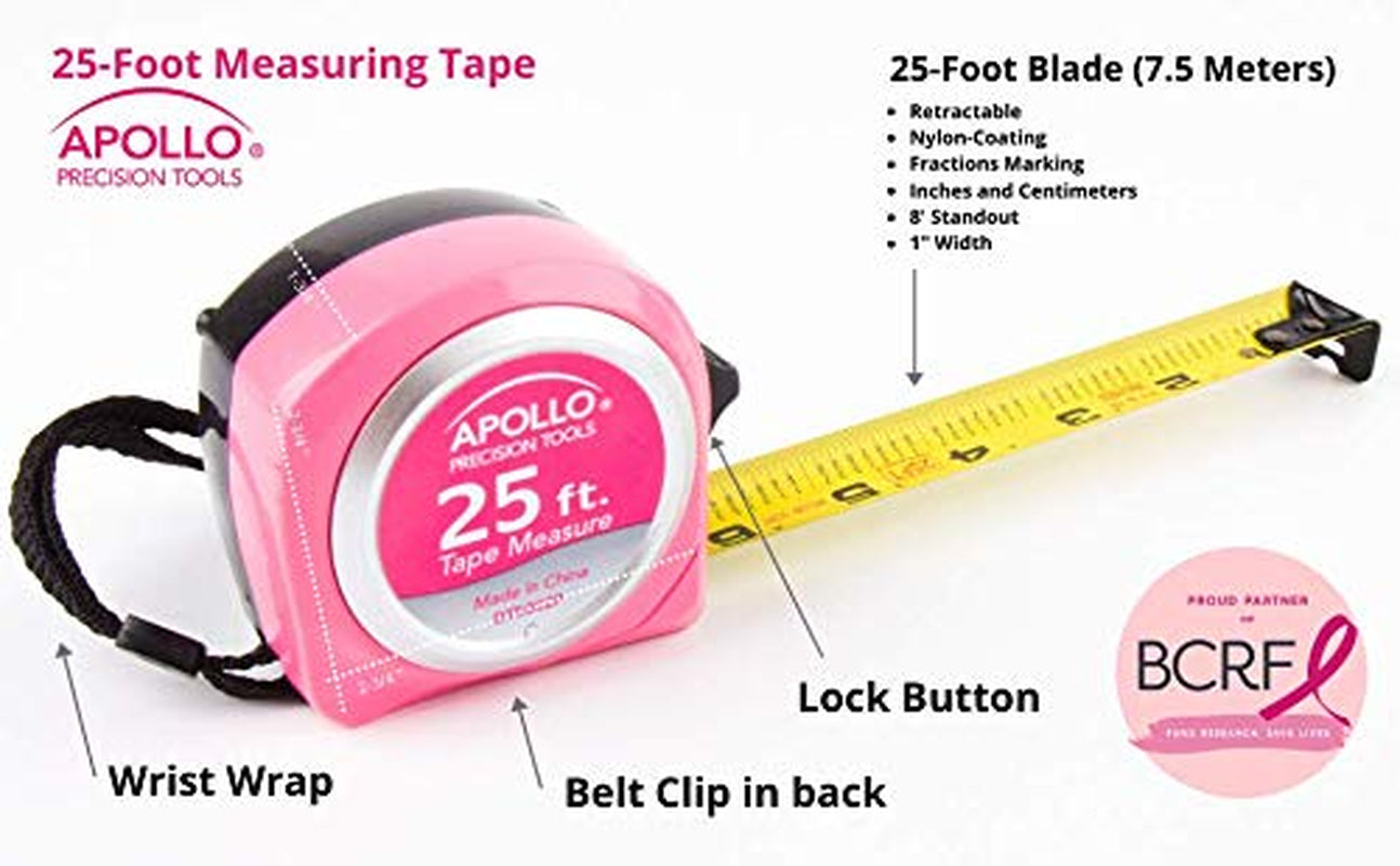 25-Foot Measuring Tape with Retractable Blade, Fraction Markings, 1-Inch Nylon Blade, 8-Foot Standout, Lock Button, and Belt Clip - Pink Ribbon Edition