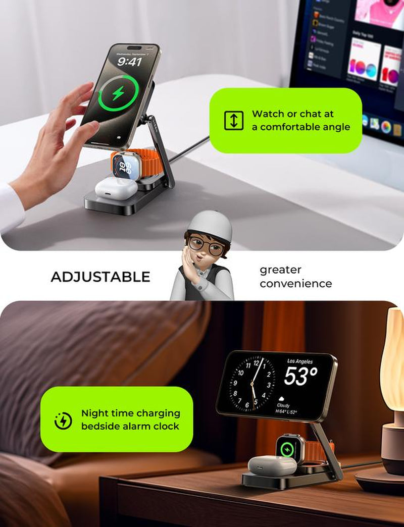 LISEN 3-in-1 Foldable Wireless Charging Station for Apple Devices - Sleek Design Charger Stand for iPhone, Apple Watch, and AirPods - Ideal Gift for iPhone 15 Pro Max Users