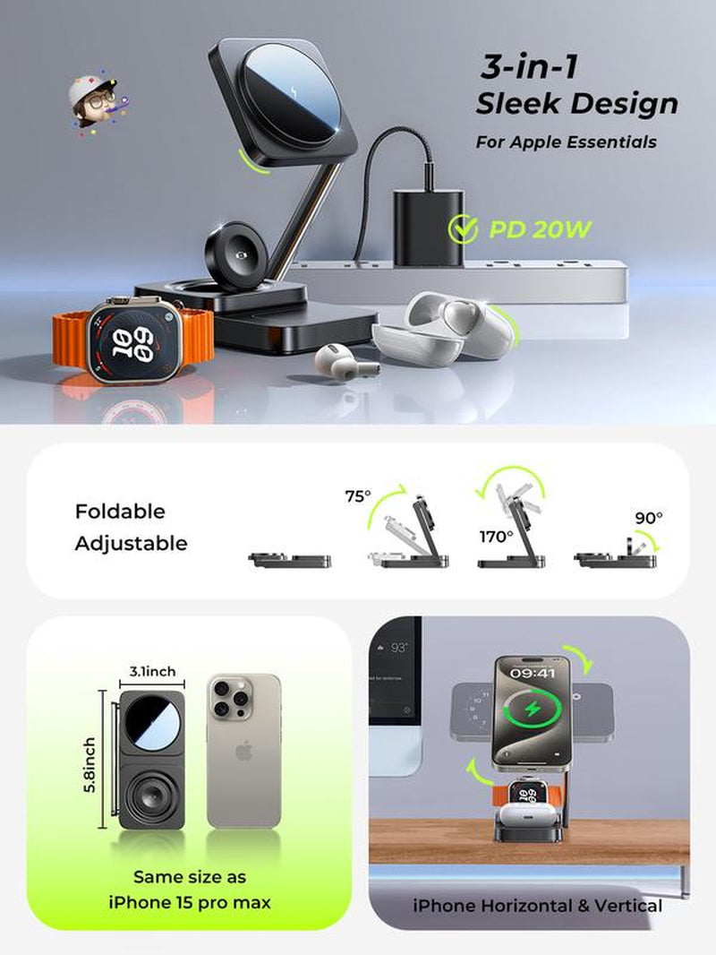 LISEN 3-in-1 Foldable Wireless Charging Station for Apple Devices - Sleek Design Charger Stand for iPhone, Apple Watch, and AirPods - Ideal Gift for iPhone 15 Pro Max Users